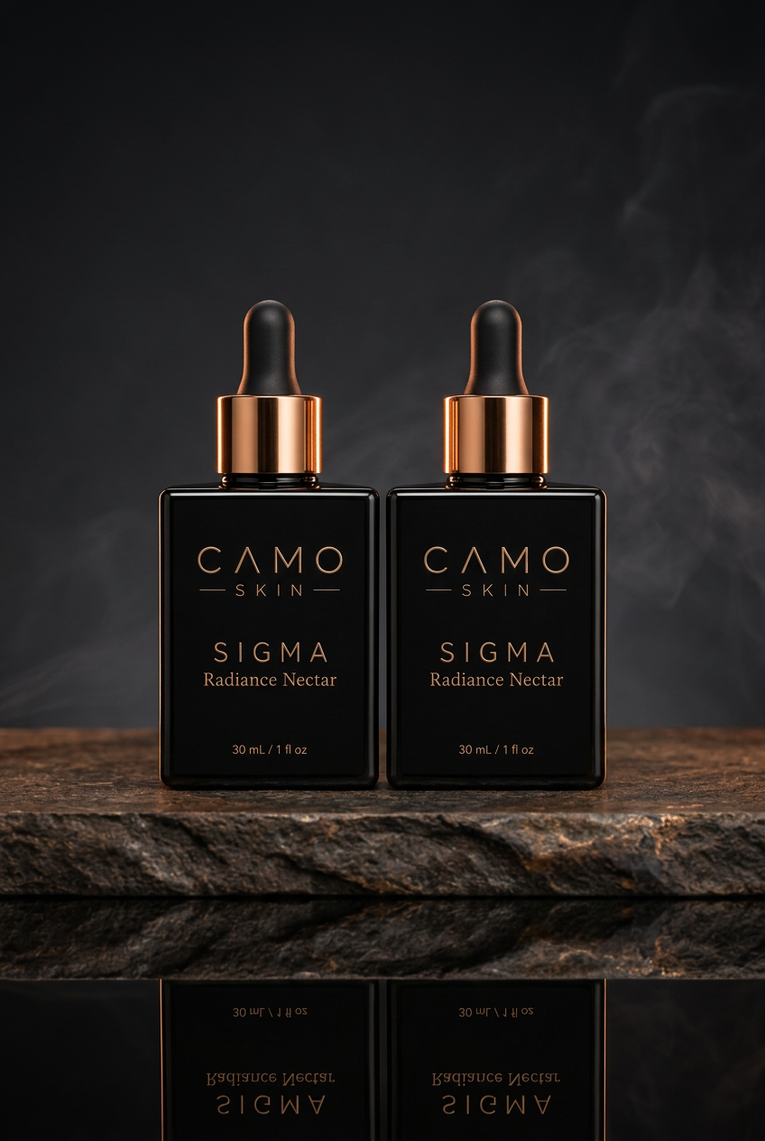 Two CAMO SKIN bottles on stone
