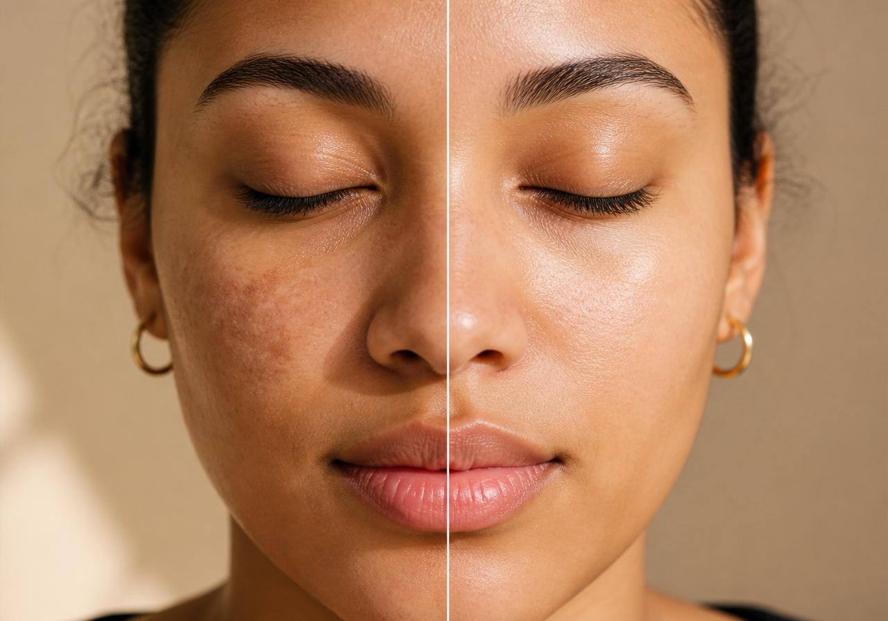 Split portrait showing skin with hyperpigmentation versus clearer skin