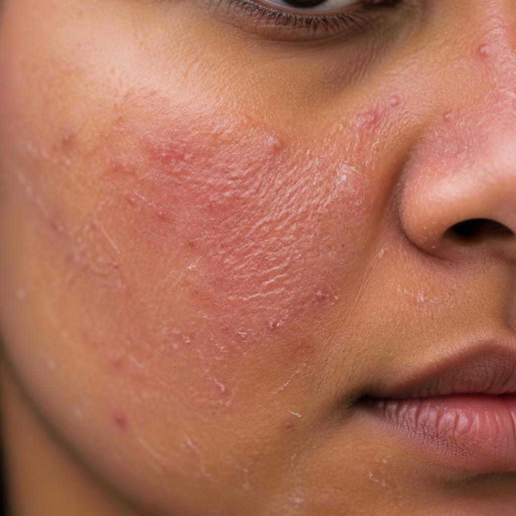 Macro close-up of red, dry, irritated skin showing a compromised barrier